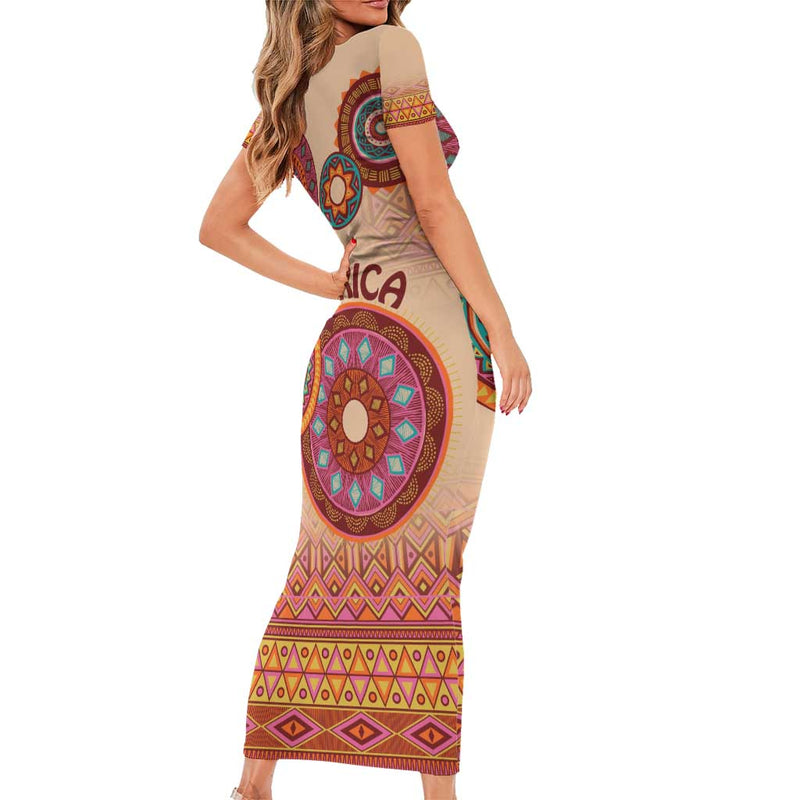 Africa Tribal Traditional Pattern Beige Motif Short Sleeve Bodycon Dress