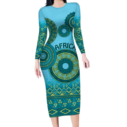 Africa Tribal Traditional Pattern Blue Motif Long Sleeve Bodycon Dress