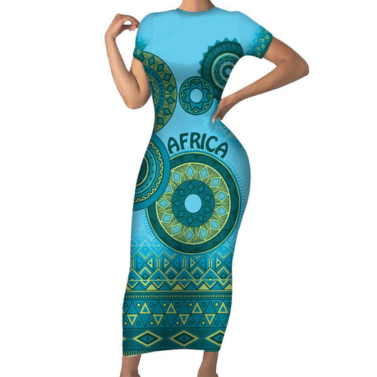 Africa Tribal Traditional Pattern Blue Motif Short Sleeve Bodycon Dress