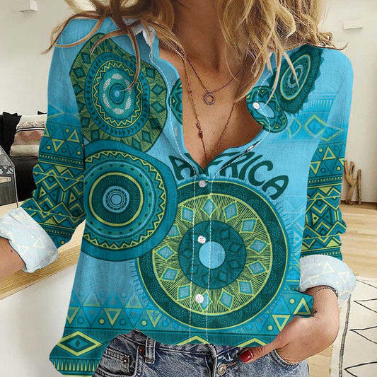 Africa Tribal Traditional Pattern Blue Motif Women Casual Shirt