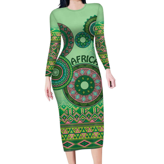 Africa Tribal Traditional Pattern Green Motif Long Sleeve Bodycon Dress