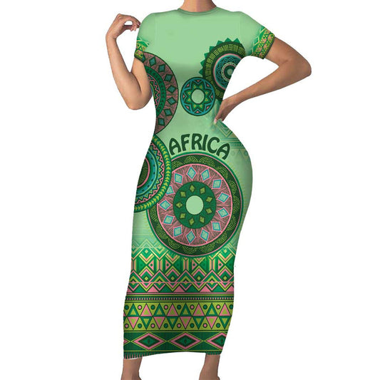 Africa Tribal Traditional Pattern Green Motif Short Sleeve Bodycon Dress