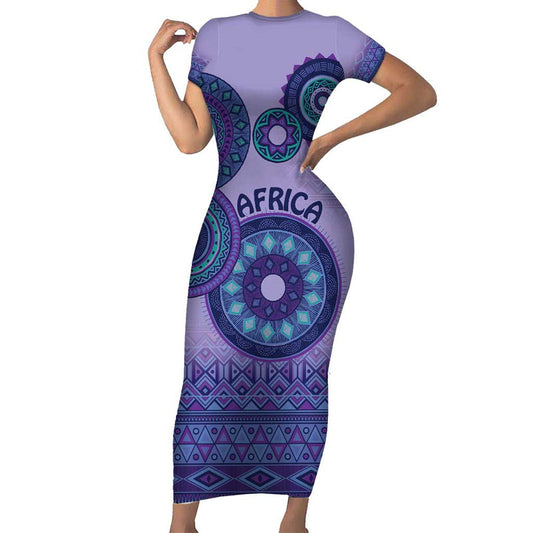 Africa Tribal Traditional Pattern Purple Motif Short Sleeve Bodycon Dress