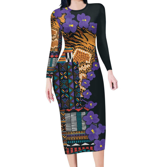 Africa Violets Flowers Mix Native Tribal Pattern Long Sleeve Bodycon Dress