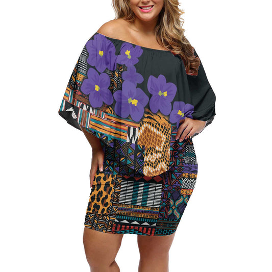 Africa Violets Flowers Mix Native Tribal Pattern Off Shoulder Short Dress