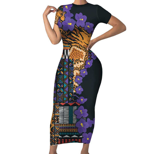 Africa Violets Flowers Mix Native Tribal Pattern Short Sleeve Bodycon Dress
