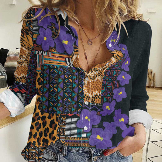 Africa Violets Flowers Mix Native Tribal Pattern Women Casual Shirt