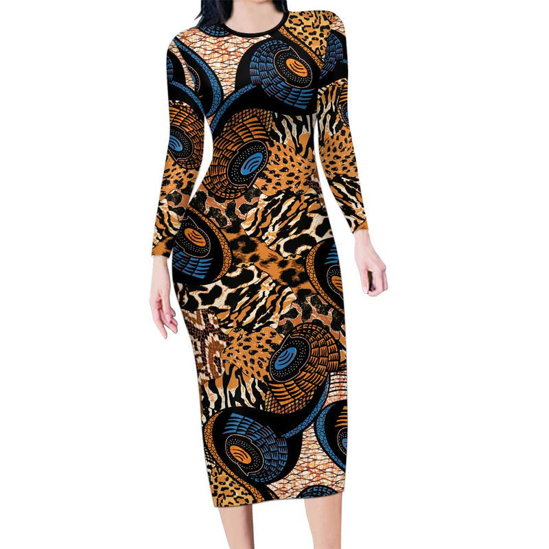 African Ankara Motifs Mixed Animal Skins Long Sleeve Bodycon Dress