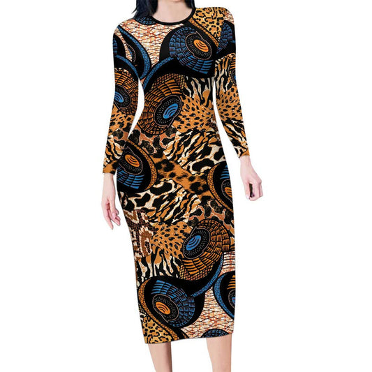 African Ankara Motifs Mixed Animal Skins Long Sleeve Bodycon Dress