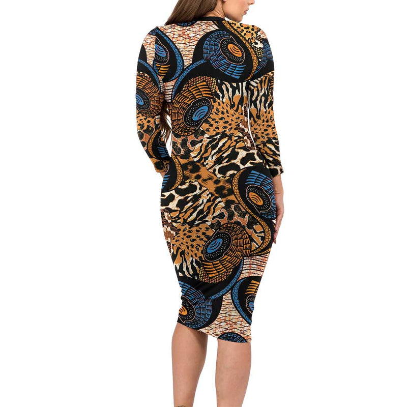 African Ankara Motifs Mixed Animal Skins Long Sleeve Bodycon Dress