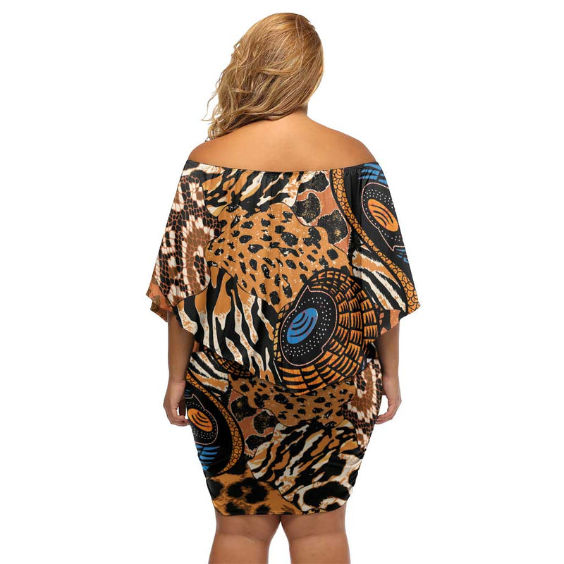 African Ankara Motifs Mixed Animal Skins Off Shoulder Short Dress