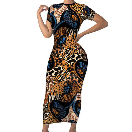 African Ankara Motifs Mixed Animal Skins Short Sleeve Bodycon Dress