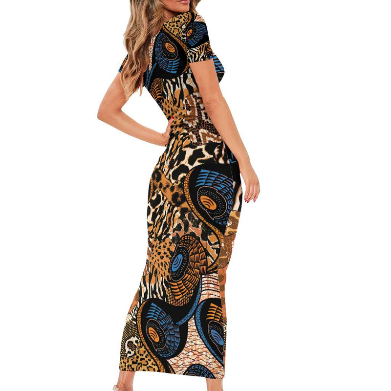 African Ankara Motifs Mixed Animal Skins Short Sleeve Bodycon Dress