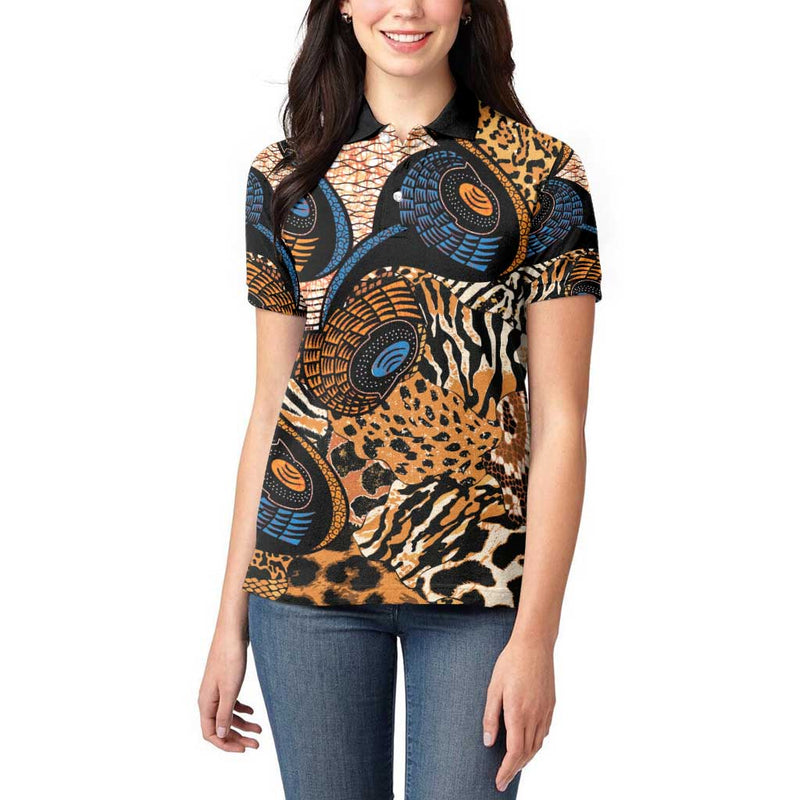 African Ankara Motifs Mixed Animal Skins Women Polo Shirt