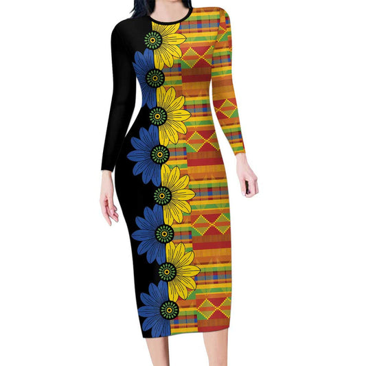African Ethnic Kitenge Ankara Style Long Sleeve Bodycon Dress