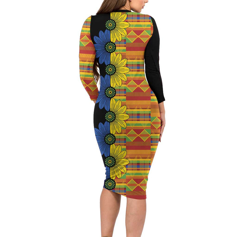 African Ethnic Kitenge Ankara Style Long Sleeve Bodycon Dress