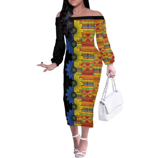 African Ethnic Kitenge Ankara Style Off The Shoulder Long Sleeve Dress