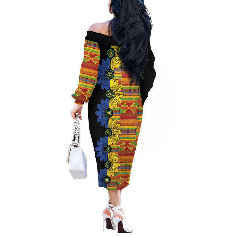 African Ethnic Kitenge Ankara Style Off The Shoulder Long Sleeve Dress