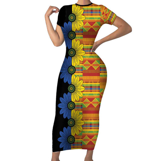 African Ethnic Kitenge Ankara Style Short Sleeve Bodycon Dress