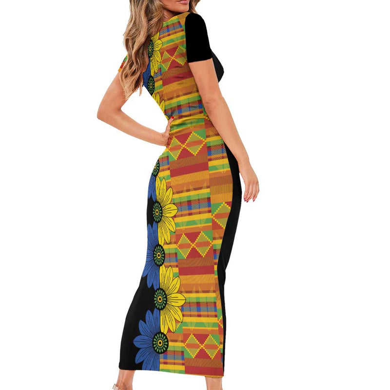 African Ethnic Kitenge Ankara Style Short Sleeve Bodycon Dress