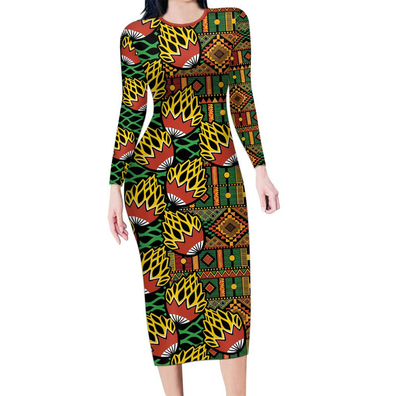 African Tribal Geometric Mixed Kanga Pattern Long Sleeve Bodycon Dress