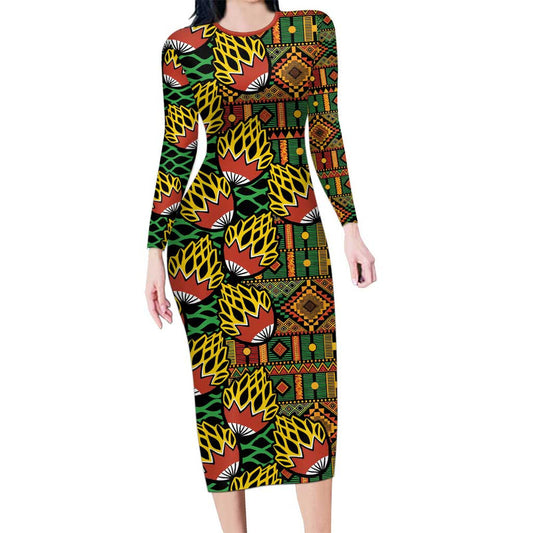 African Tribal Geometric Mixed Kanga Pattern Long Sleeve Bodycon Dress
