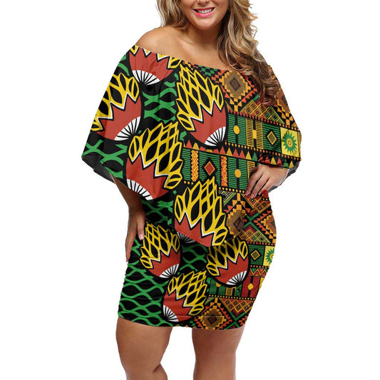 African Tribal Geometric Mixed Kanga Pattern Off Shoulder Short Dress