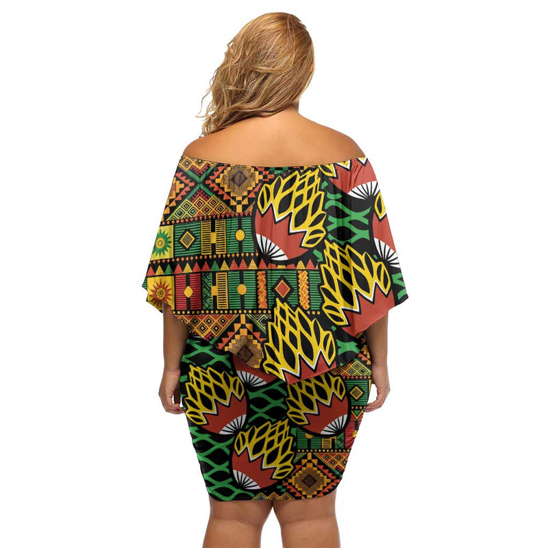 African Tribal Geometric Mixed Kanga Pattern Off Shoulder Short Dress