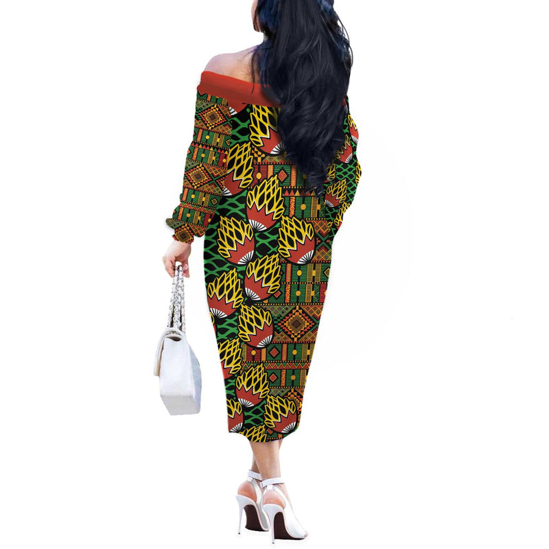 African Tribal Geometric Mixed Kanga Pattern Off The Shoulder Long Sleeve Dress