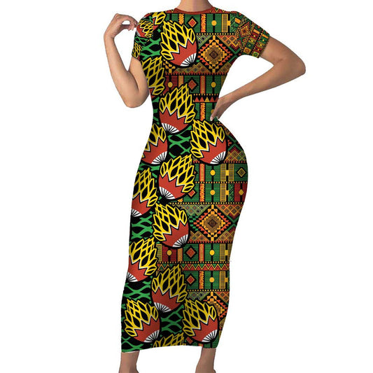 African Tribal Geometric Mixed Kanga Pattern Short Sleeve Bodycon Dress