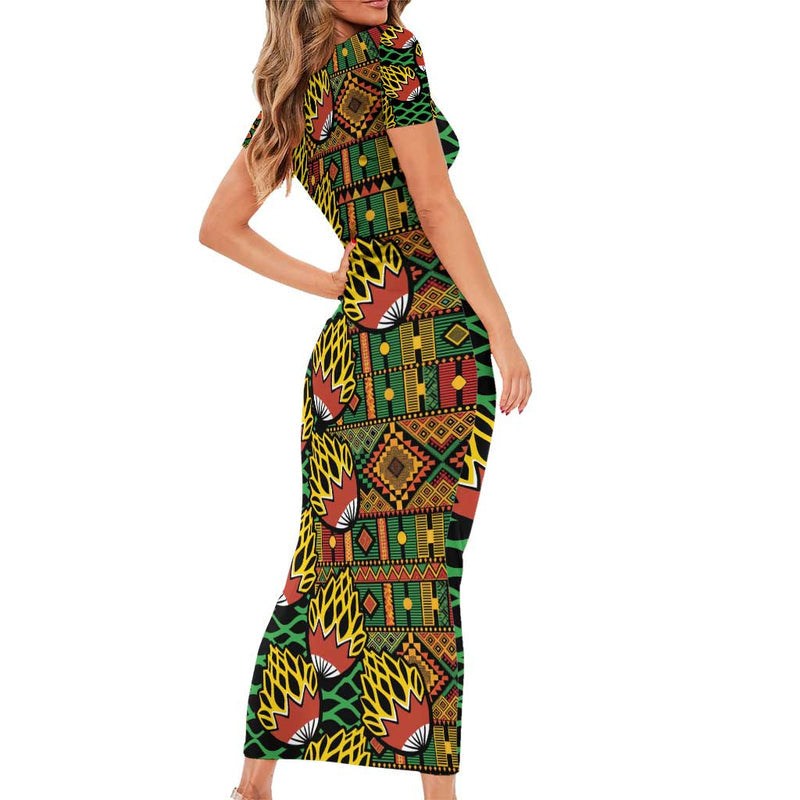 African Tribal Geometric Mixed Kanga Pattern Short Sleeve Bodycon Dress