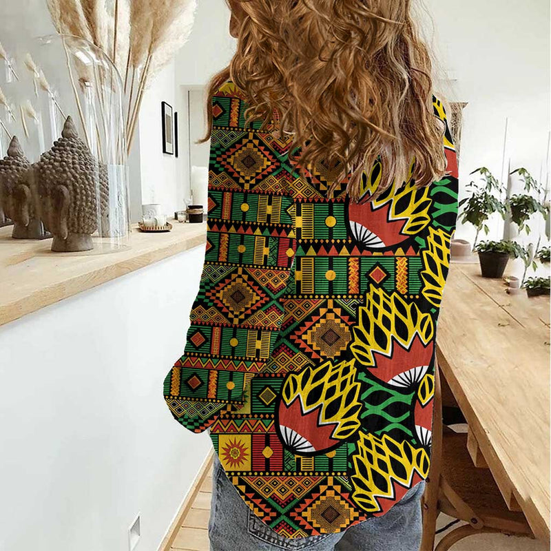 African Tribal Geometric Mixed Kanga Pattern Women Casual Shirt