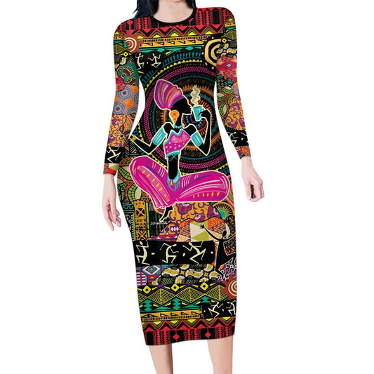 African Women Ethnic Motifs Long Sleeve Bodycon Dress