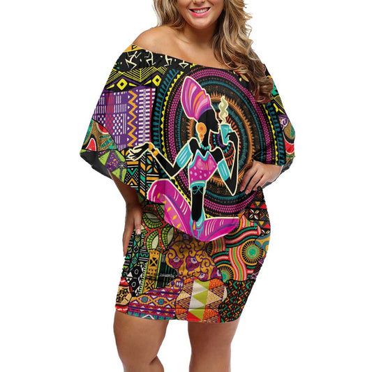African Women Ethnic Motifs Off Shoulder Short Dress