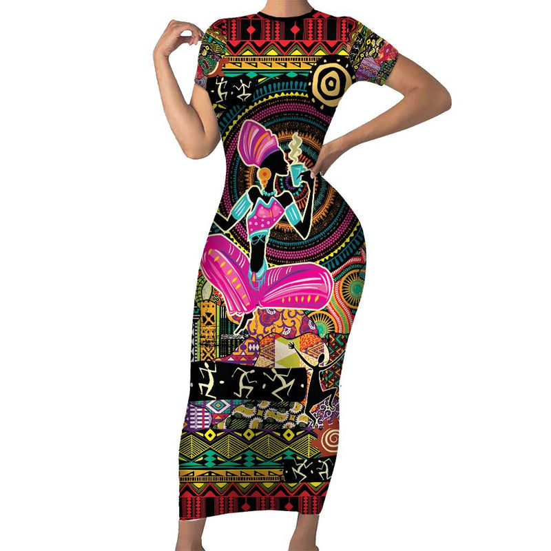 African Women Ethnic Motifs Short Sleeve Bodycon Dress