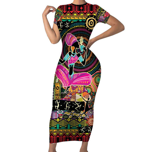 African Women Ethnic Motifs Short Sleeve Bodycon Dress