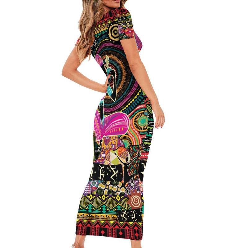 African Women Ethnic Motifs Short Sleeve Bodycon Dress