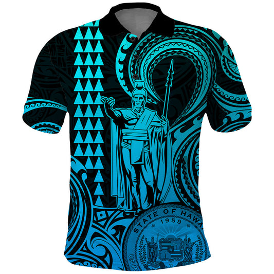 Custom Happy King Kamehameha Day Hawaii Paradise of the Pacific Tribal Kakau with Kanaka Maoli - Aqua Polo Shirt