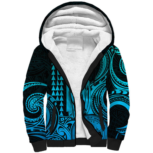 Custom Happy King Kamehameha Day Hawaii Paradise of the Pacific Tribal Kakau with Kanaka Maoli - Aqua Sherpa Hoodie