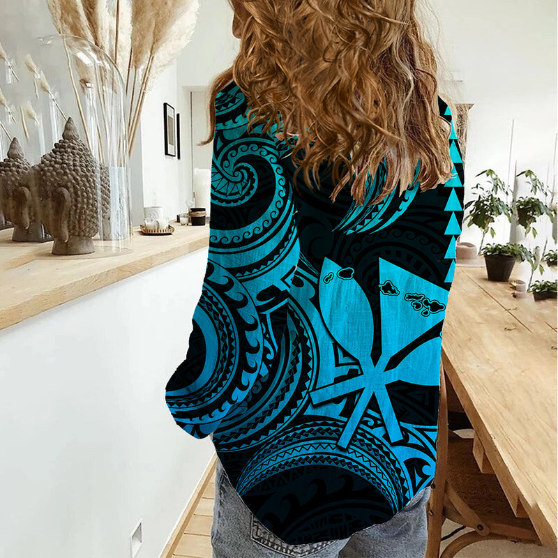 Custom Happy King Kamehameha Day Hawaii Paradise of the Pacific Tribal Kakau with Kanaka Maoli - Aqua Women Casual Shirt