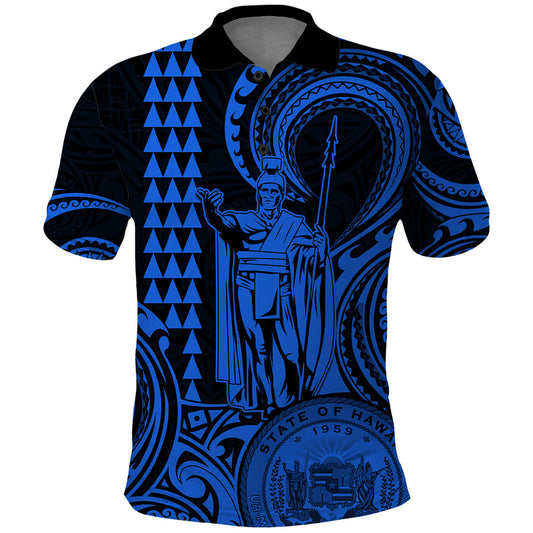 Custom Happy King Kamehameha Day Hawaii Paradise of the Pacific Tribal Kakau with Kanaka Maoli - Blue Polo Shirt
