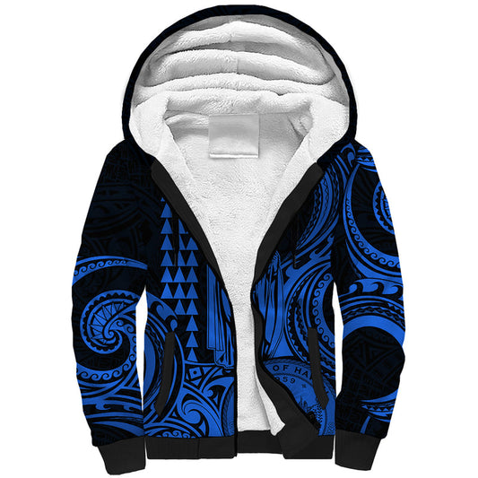 Custom Happy King Kamehameha Day Hawaii Paradise of the Pacific Tribal Kakau with Kanaka Maoli - Blue Sherpa Hoodie