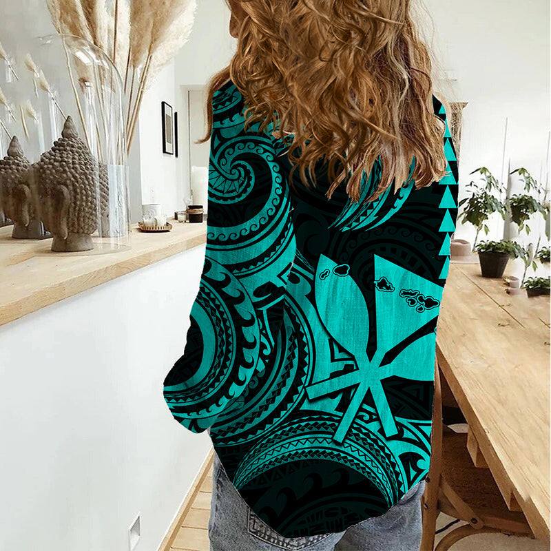Custom Happy King Kamehameha Day Hawaii Paradise of the Pacific Tribal Kakau with Kanaka Maoli - Turquoise Women Casual Shirt