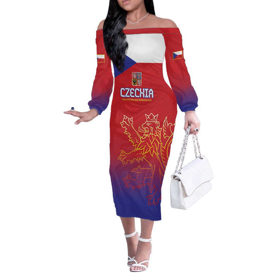 Custom Czech Republic Unique Double Tailed Lion Off The Shoulder Long Sleeve Dress