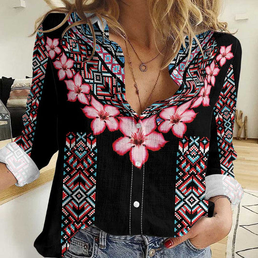 Africa Adenium Multiflorum Flowers Mix Native Tribal Pattern Women Casual Shirt