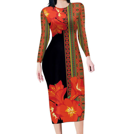 Africa Beauty Clivia Miniata Flowers Long Sleeve Bodycon Dress