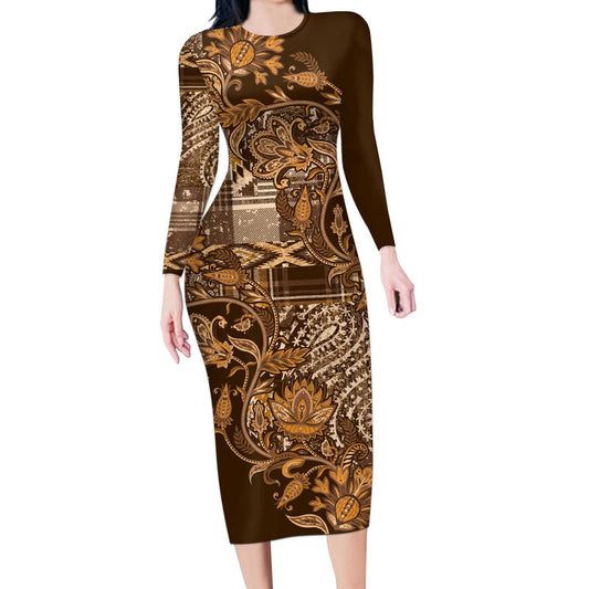 Africa Floral Mix Maasai Shuka Gold Moitf Long Sleeve Bodycon Dress