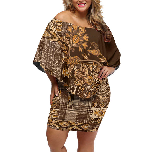 Africa Floral Mix Maasai Shuka Gold Moitf Off Shoulder Short Dress