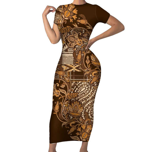 Africa Floral Mix Maasai Shuka Gold Moitf Short Sleeve Bodycon Dress