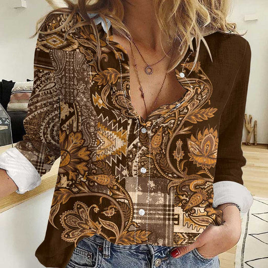 Africa Floral mix Maasai Shuka Gold Moitf Women Casual Shirt